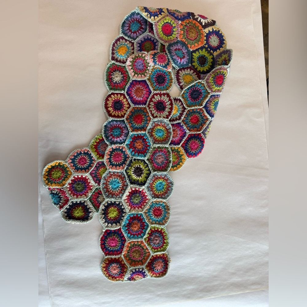 Crocheted multi color scarf. 65 inches